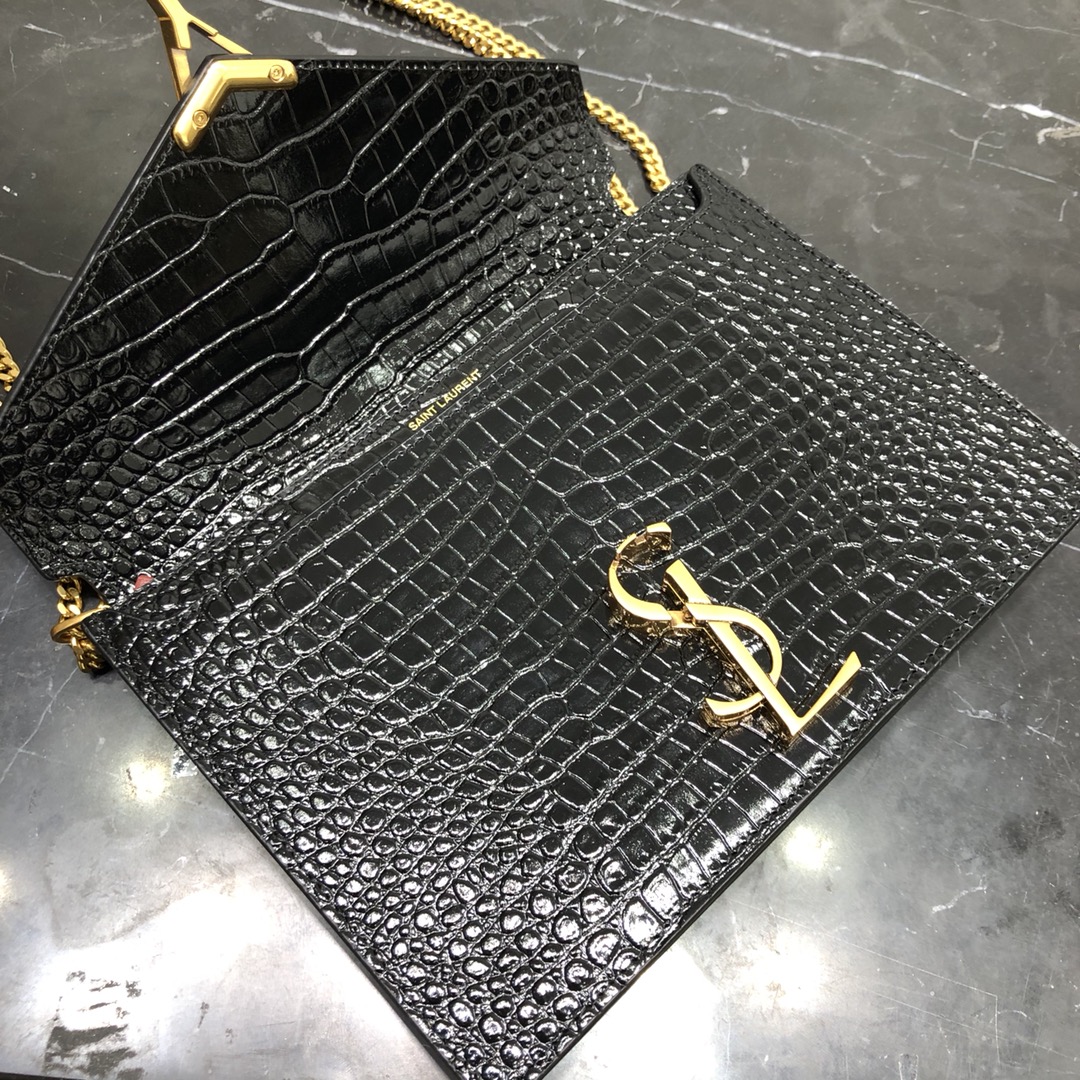 Saint Laurent Cassandera Medium Crocodile Embossed Bright Calfskin Shoulder Bag Black 532750